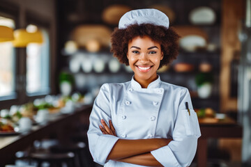 Beautiful young black female personal chef focusing on her job, wearing a cooking uniform, successful business woman at work in the kitchen