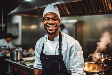 Handsome young black male personal chef focusing on his job, wearing a cooking uniform, successful...