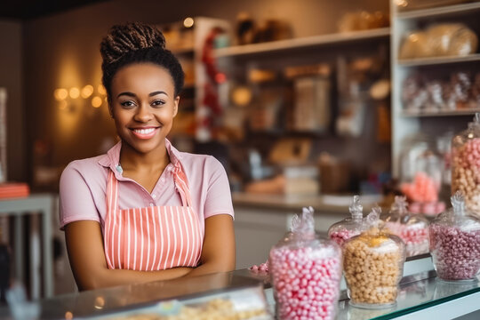 Young black female candy shop owner standing behind counter, young beautiful woman selling candy and sweets at the candy store