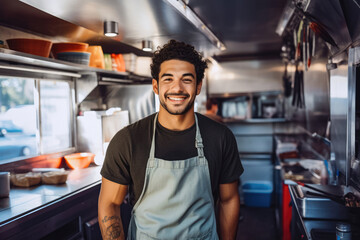 Handsome young caucasian male food truck owner standing behind counter and smiling, successful...