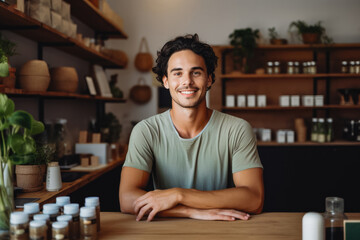 Handsome young caucasian male organic food store owner standing behind counter and smiling,...