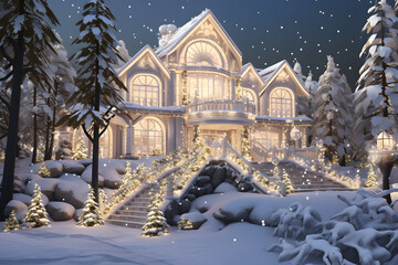 A luxurious house, adorned with dazzling Christmas fairy lights, stands amidst pine trees and other trees on a magical Christmas night.