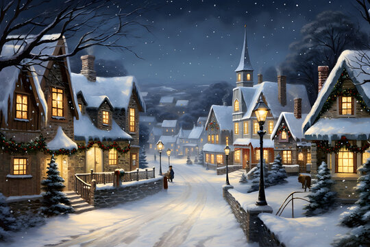 Snow-covered town illuminated by softly glowing street lamps, with small cottages adorned in twinkling Christmas lights, rooftops blanketed in fresh snow, under a deep twilight blue sky sprinkled with