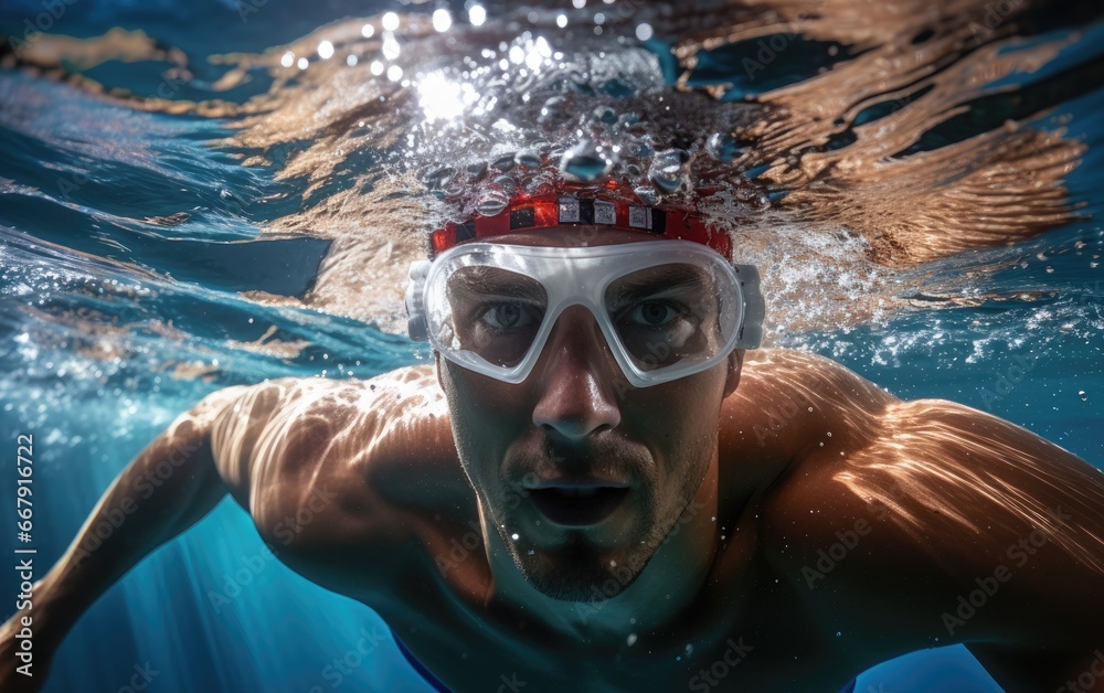 Canvas Prints A professional athlete in swimming goggles and cap is swimming underwater in the pool