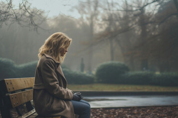 A woman in solitude contemplates the world from a park bench, embodying the profound sorrow that often plagues the female soul