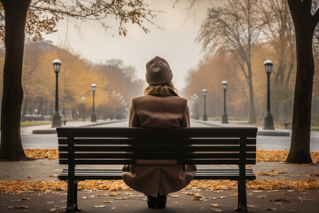 In the midst of nature's embrace, a woman sits on a park bench, her silhouette painting a poignant picture of female despondency and quiet contemplation - obrazy, fototapety, plakaty
