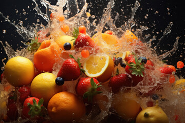 Obraz na płótnie Canvas A burst of colors: strawberries, kiwi, and oranges explode against a black canvas, capturing the essence of fruit explosion