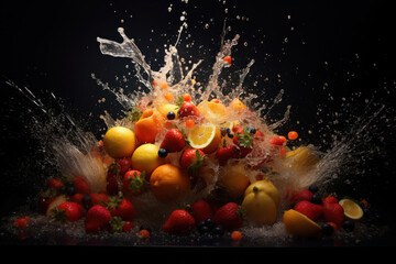 Obraz na płótnie Canvas Dynamic fusion: strawberries, kiwi, and oranges fuse energetically, creating a lively explosion against a black background, symbolizing the spirited nature of fruits