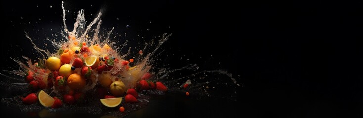 Obraz na płótnie Canvas Explosion of taste - various fruits fresh water and freshness on a black background .banner, space for text