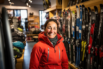 Enthusiastic Skier Shopping: A cheerful woman explores a ski equipment store, her smile reflecting the thrill of conquering snow-covered slopes - obrazy, fototapety, plakaty