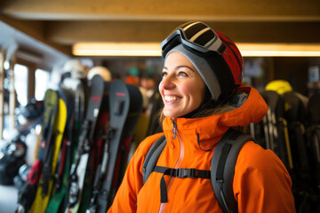 Skiing Enthusiast's Delight: In a ski gear store, a woman with a bright smile contemplates her options, her anticipation of skiing adventures evident - obrazy, fototapety, plakaty