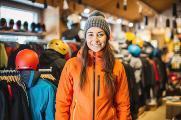 Anticipating Snowy Adventures: A woman grins with anticipation in a ski equipment store, imagining the snowy slopes she'll conquer with her chosen gear