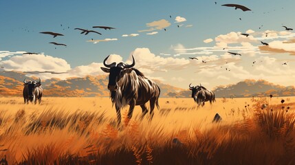 wildebeest in the savannah - obrazy, fototapety, plakaty