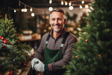 Festive Tree Vendor: A cheerful seller of Christmas trees and decorations smiles brightly, inviting customers inside the festive New Year's store