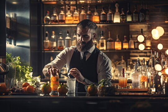 An elegant bartender serves cocktails at the counter of a bar. Smiling bartender preparing a drink at bar counter