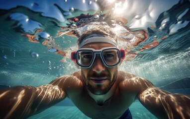 A professional athlete in swimming goggles and cap is swimming underwater in the pool