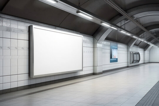 Abandoned subway station with an installation or mockup on the wall creates a contemporary, eerie vibe is AI Generative.