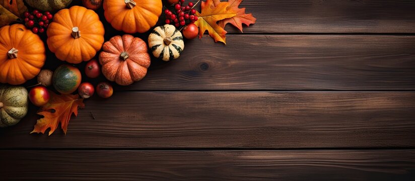 Thanksgiving message with autumn elements on dark wood backdrop