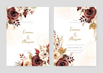 Red and beige rose and poppy rustic vector elegant watercolor wedding invitation floral design