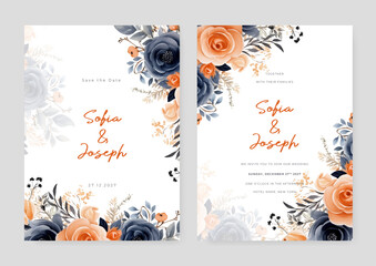 Blue and peach rose floral wedding invitation card template set with flowers frame decoration