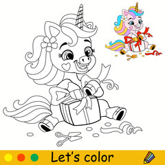 Cartoon cute running pink unicorn kids coloring book page