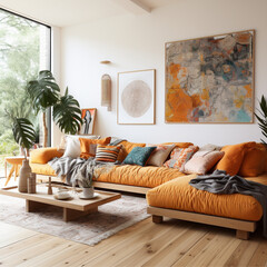 interior of living room, orange couch, light wooden floor, white walls, include carpet 