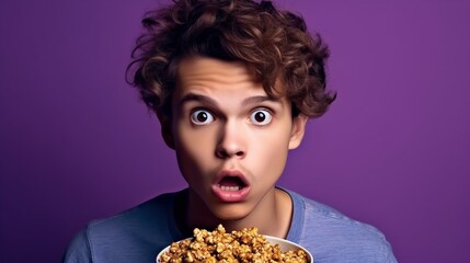 Cinema concept. Crazy positive guy youngster hold bucket crisps. Eating unhealthy pop corn comedy film isolated on purple colour background