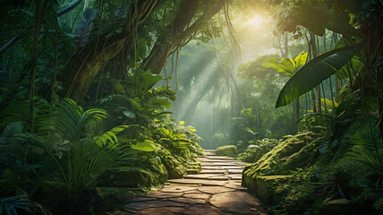 A deep green forest of trees and lush overgrowth with a stone path lit by a rising sun.
