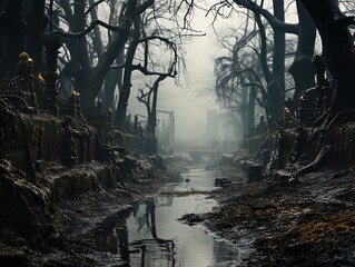 Sinister landscape of a forgotten stream in a mysterious forest.