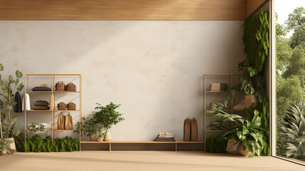Fototapeta na wymiar Captivating Aesthetic Harmony, A Tranquil Journey Through Nature's Elegance in Store Decor with Leaves