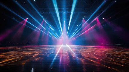 Bright, colorful spotlights casting vibrant hues on the stage floor. Radiant beams of light intertwining in the performance space.