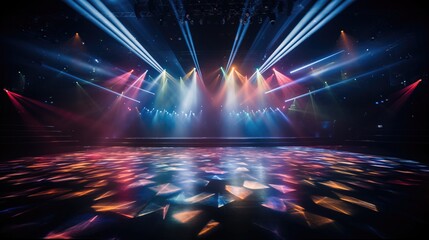 Bright, colorful spotlights casting vibrant hues on the stage floor. Radiant beams of light intertwining in the performance space. - obrazy, fototapety, plakaty