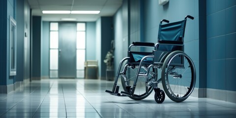 An empty wheelchair in the hospital. Space for copy