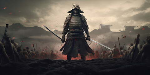 A samurai with a katana stands ready to fight against a huge army,generative ai - obrazy, fototapety, plakaty