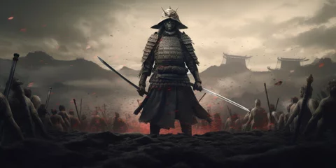Foto op Plexiglas A samurai with a katana stands ready to fight against a huge army,generative ai © LomaPari2021