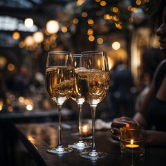  close up of two people toasting a glass of champagne,holiday party.