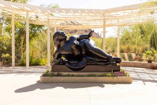 Master Fernando Botero: Reclining Woman Sculpture at Desert Botanical Garden in Phoenix, Arizona: October, 22, 2023 USA, Phoenix. High quality photo