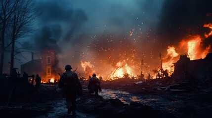 The Fury of Battle: A Glimpse of World War I Soldiers in a Chaotic Scene of Smoke, Rain, Explosions, and Fire Amidst Utter Destruction, Illustrating the Harsh Realities of Wartime.

