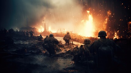 The Fury of Battle: A Glimpse of World War I Soldiers in a Chaotic Scene of Smoke, Rain, Explosions, and Fire Amidst Utter Destruction, Illustrating the Harsh Realities of Wartime.

