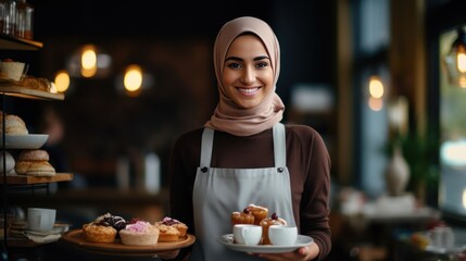 Portrait of a beautiful Muslim female barista serving coffee and cake on a tray, smiling, The background is sorted on the copy space. - obrazy, fototapety, plakaty