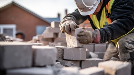 Cropped picture of a housebuilder using hammer for brick shaping on a building area.