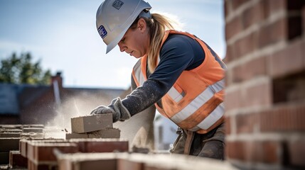Cropped picture of a housebuilder using hammer for brick shaping on a building area. - obrazy, fototapety, plakaty