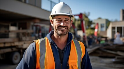 A Builder holds a steel bar on his shoulder and gives a thumbs up while standing on site and smiling at the camera.