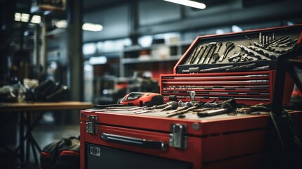 A Selective focus of mechanic's toolbox with tools in drawers, blurred background, auto mechanic in workshop. - obrazy, fototapety, plakaty