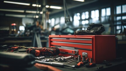 A Selective focus of mechanic's toolbox with tools in drawers, blurred background, auto mechanic in workshop.