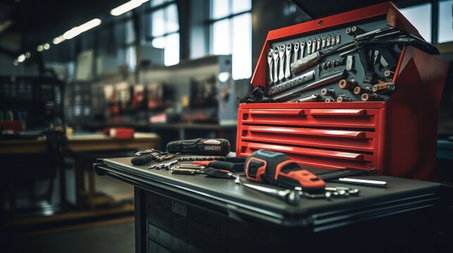 A Selective focus of mechanic's toolbox with tools in drawers, blurred background, auto mechanic in workshop.