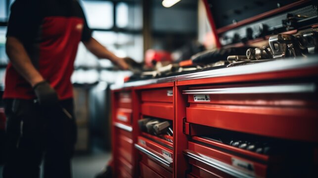 A Selective focus of mechanic's toolbox with tools in drawers, blurred background, auto mechanic in workshop.