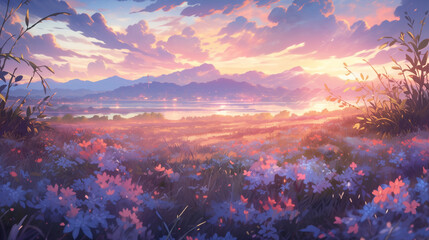 Fototapeta na wymiar Radiant Sunlit Anime Landscapes: Atmospheric Intensity Unveiled