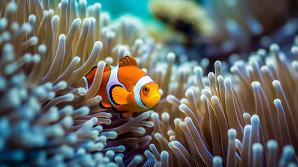 a clown fish swimming in a sea anemone.