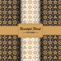 Golden vector seamless pattern with shapes and floral silhouettes. Luxury modern white and gold background with halftone effect, randomly scattered shapes Simple texture. Trendy design